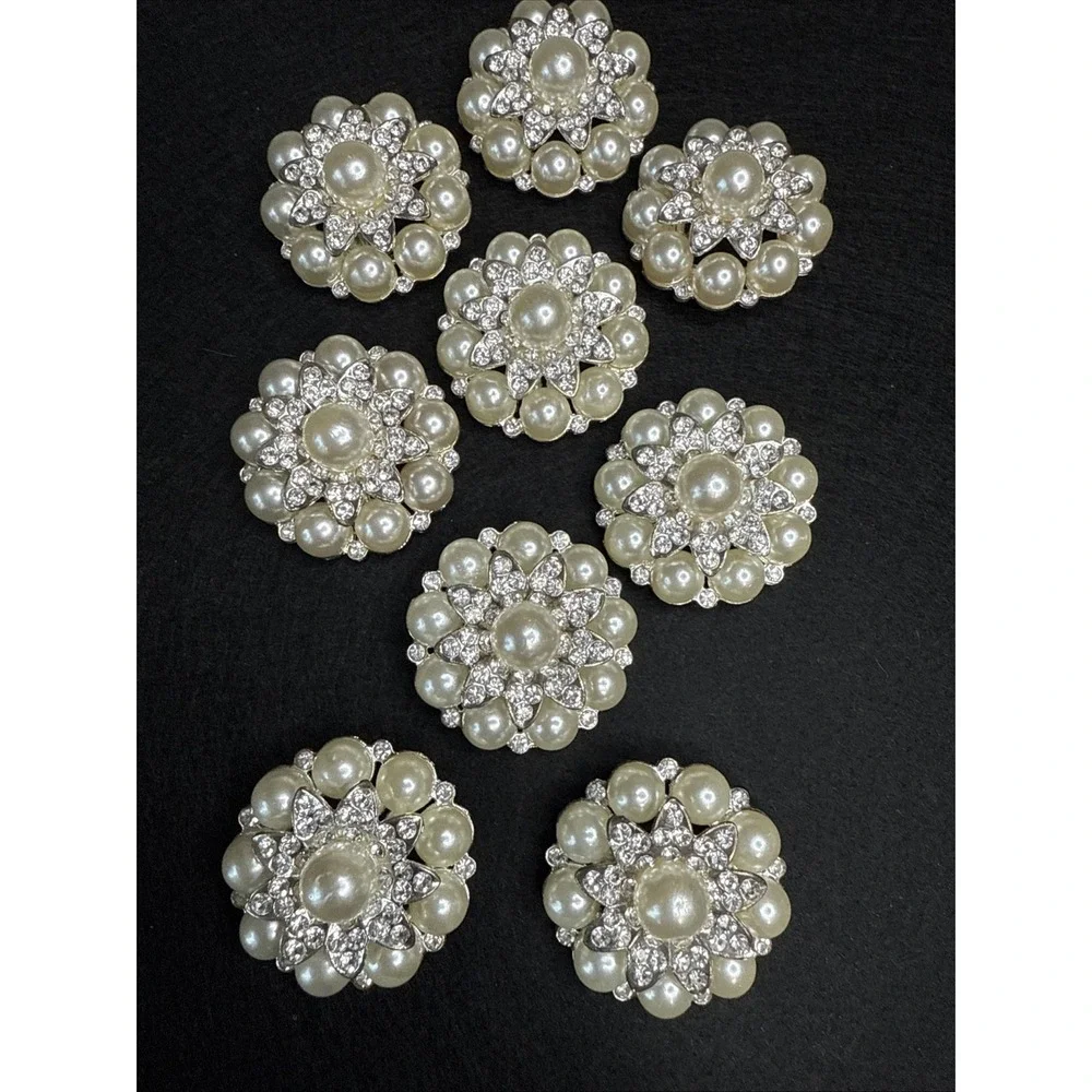 9 Vintage Rhinestone And Faux Pearl Shank Buttons Silver Plating Over Copper